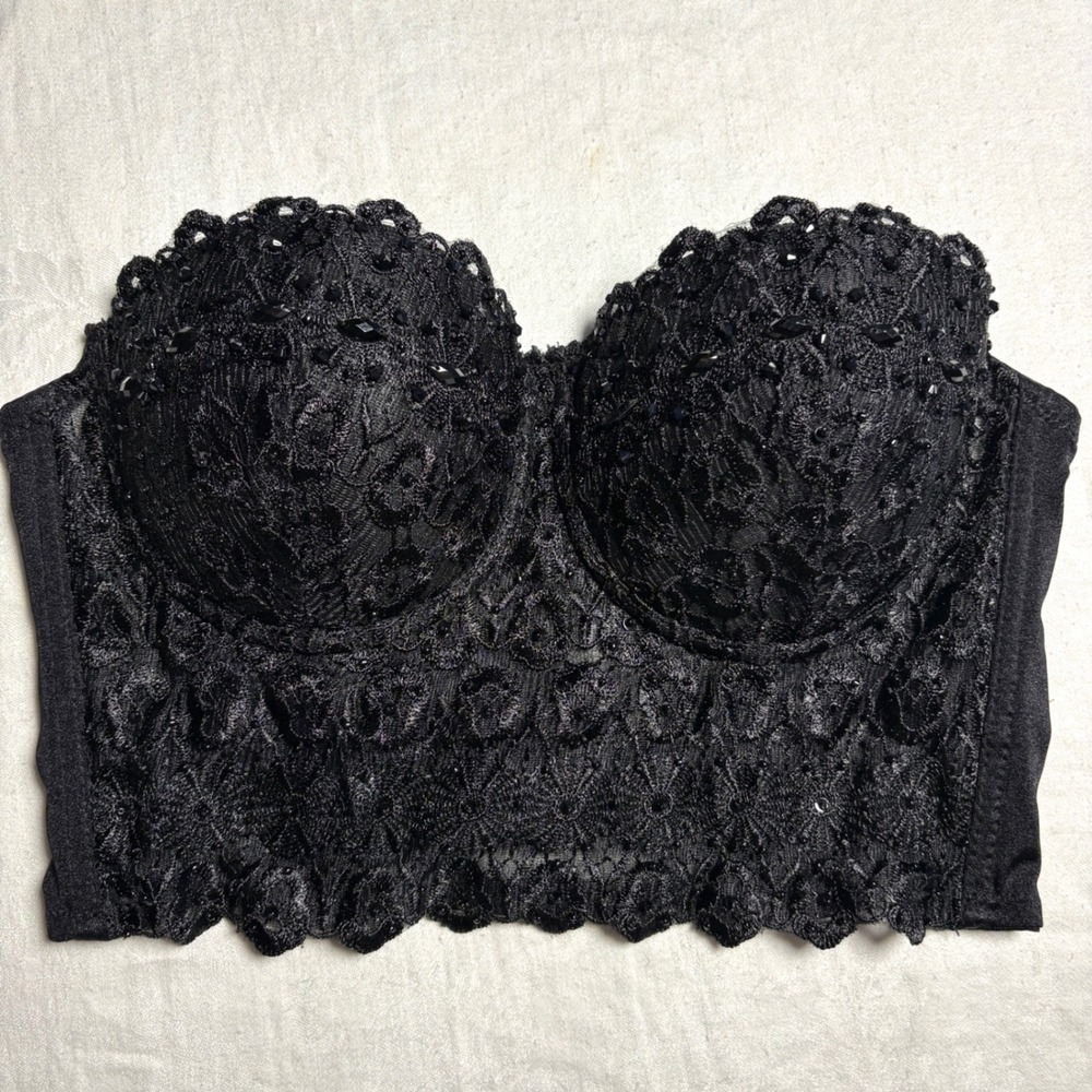 Windsor Black Beaded Lace Bustier Strapless Crop Corset Small‎ Sequins Coquette